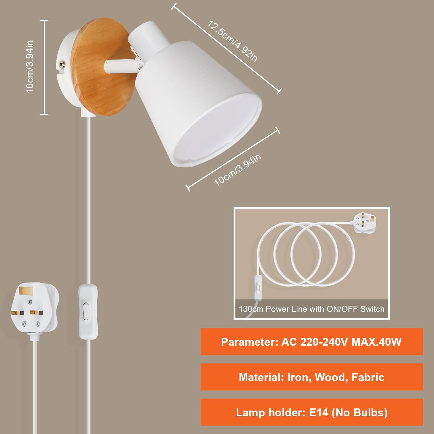 Wall-mounted lamp with dimensions and power line details on a brown background