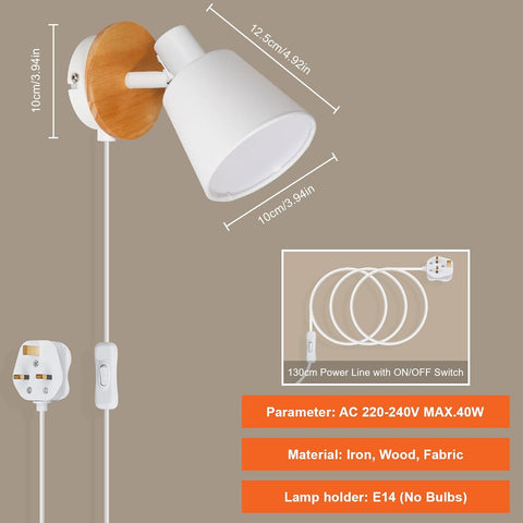Wall-mounted lamp with dimensions and power line details on a brown background