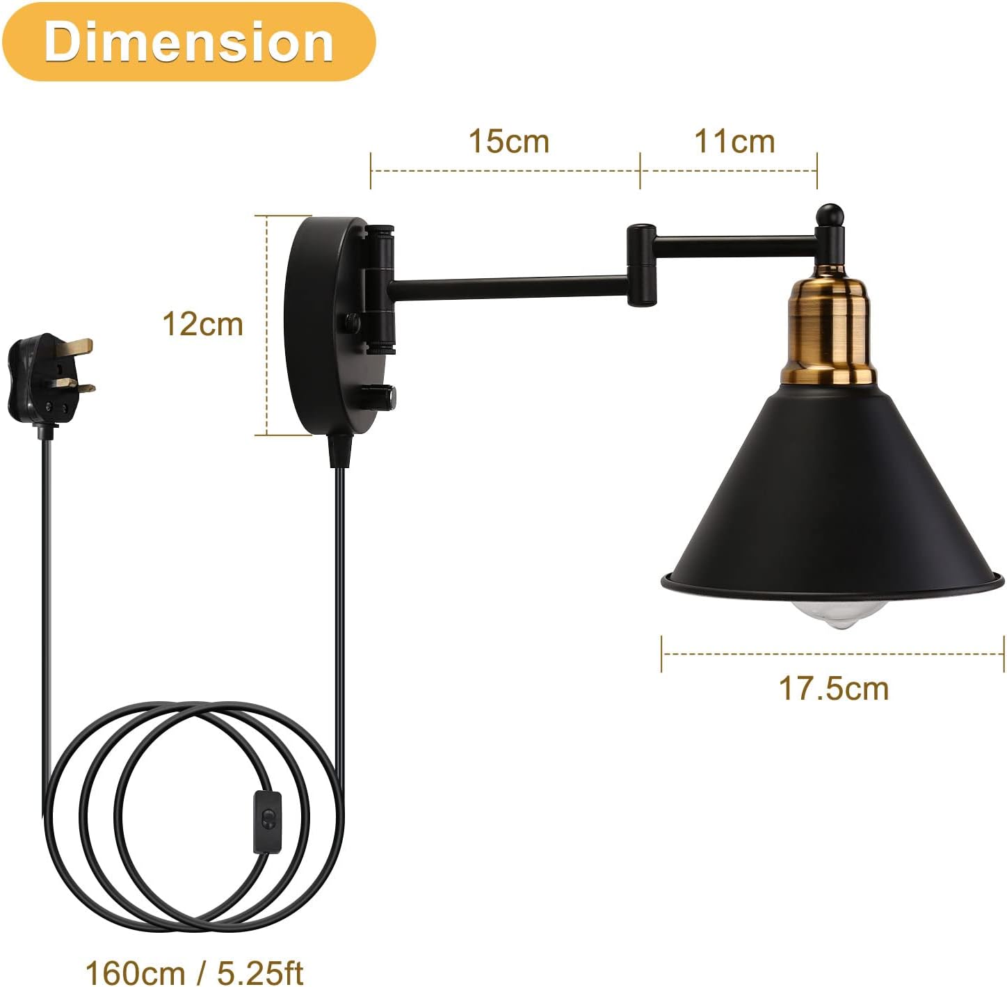 Wall-mounted lamp with dimensions labeled on a white background