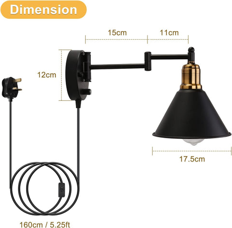 Wall-mounted lamp with dimensions labeled on a white background