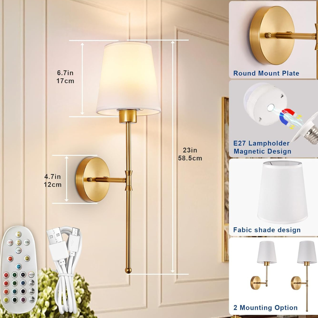 Wall-mounted lamp with remote control, cable, and mounting plate on a neutral background