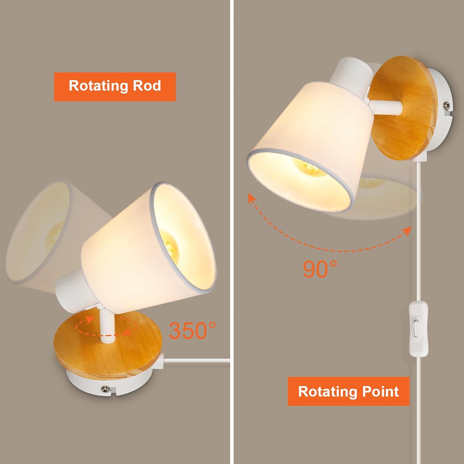 Wall-mounted lamp with rotating rod and wooden base on a beige background