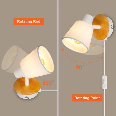 Wall-mounted lamp with rotating rod and wooden base on a beige background