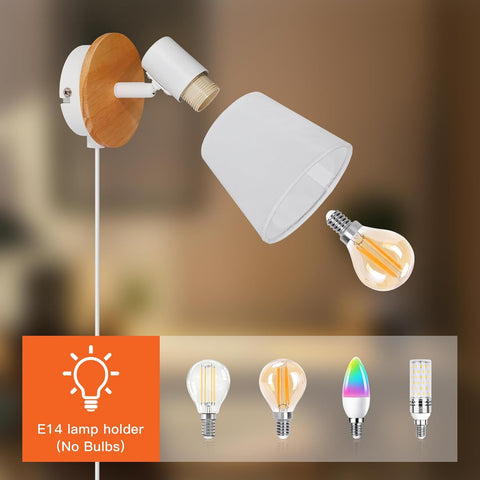 Wall-mounted lamp with wooden accent and E14 bulb holder on a blurred background