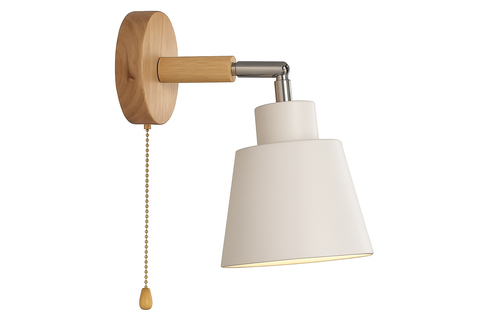 Wall-mounted lamp with wooden base and white shade on a white background