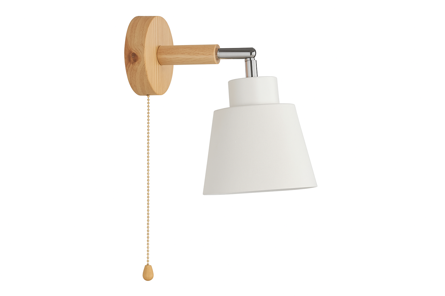 Wall-mounted lamp with wooden fixture and white shade on a white background