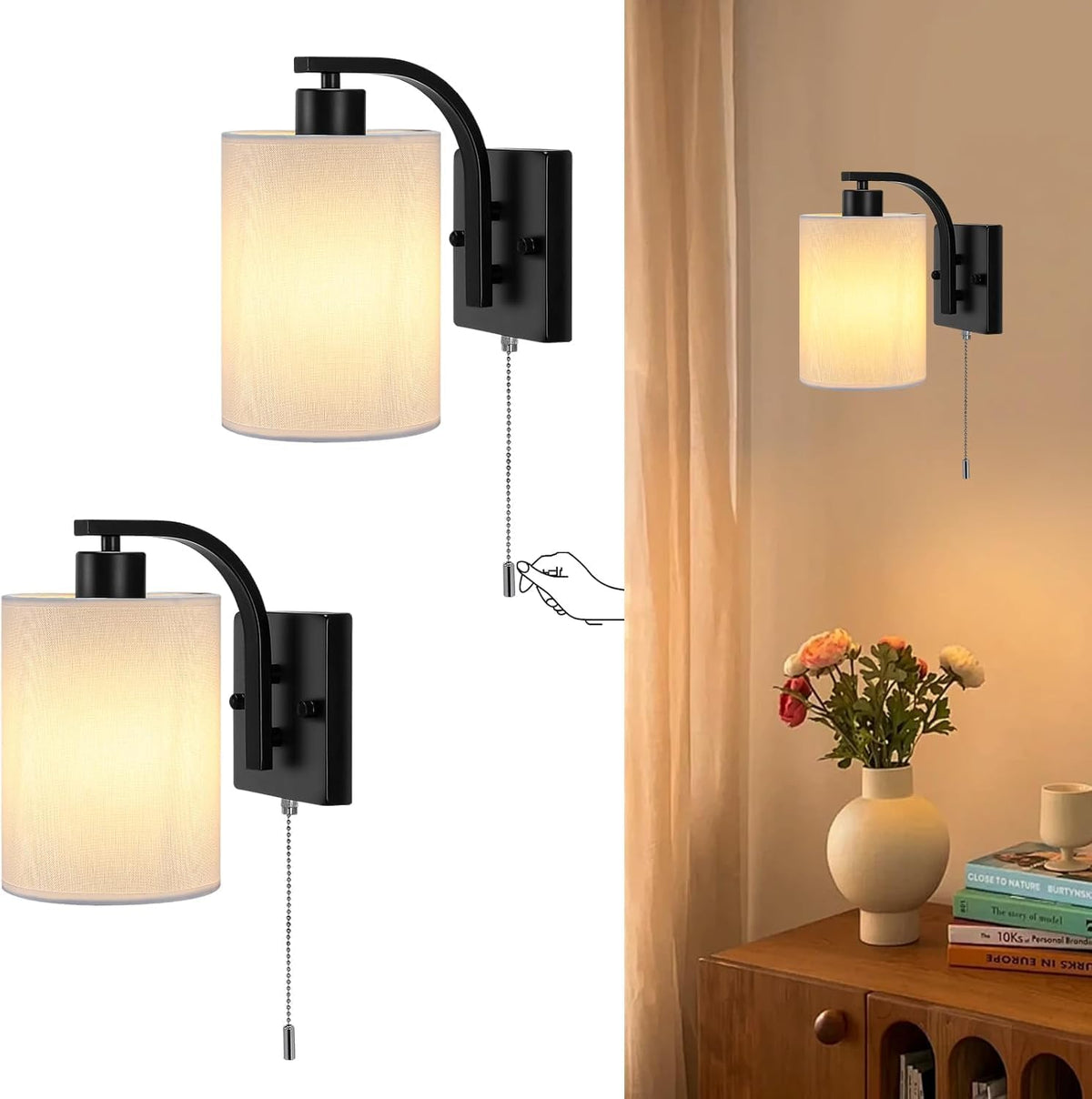 Wall-mounted lamps with pull chains on a white background