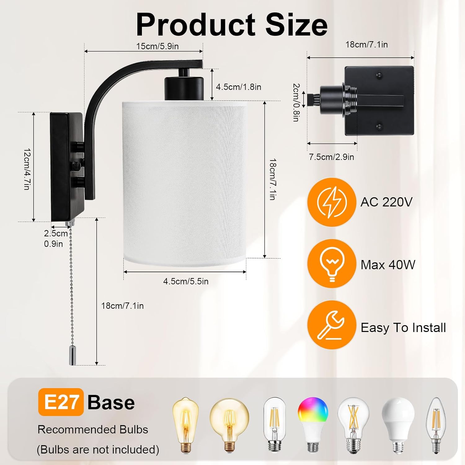 Wall-mounted light fixture with dimensions and specifications on a white background