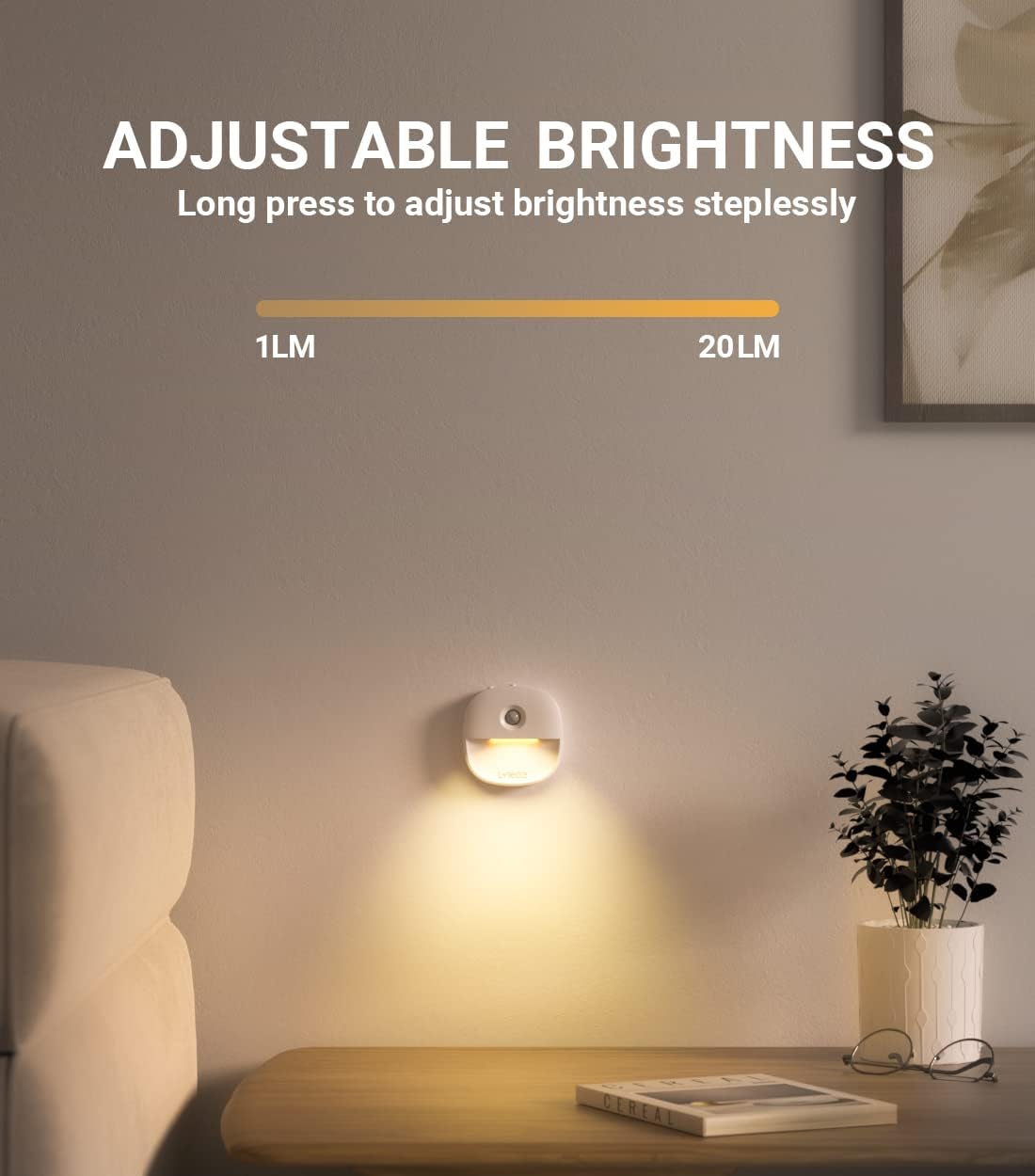 Wall-mounted light fixture with adjustable brightness feature in a room setting.