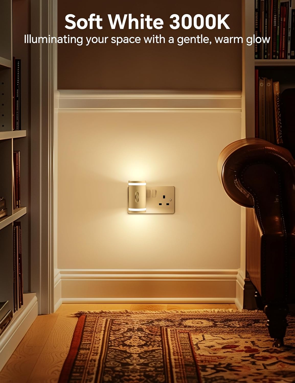 Wall-mounted light fixture emitting a soft white 3000K glow in a home setting.