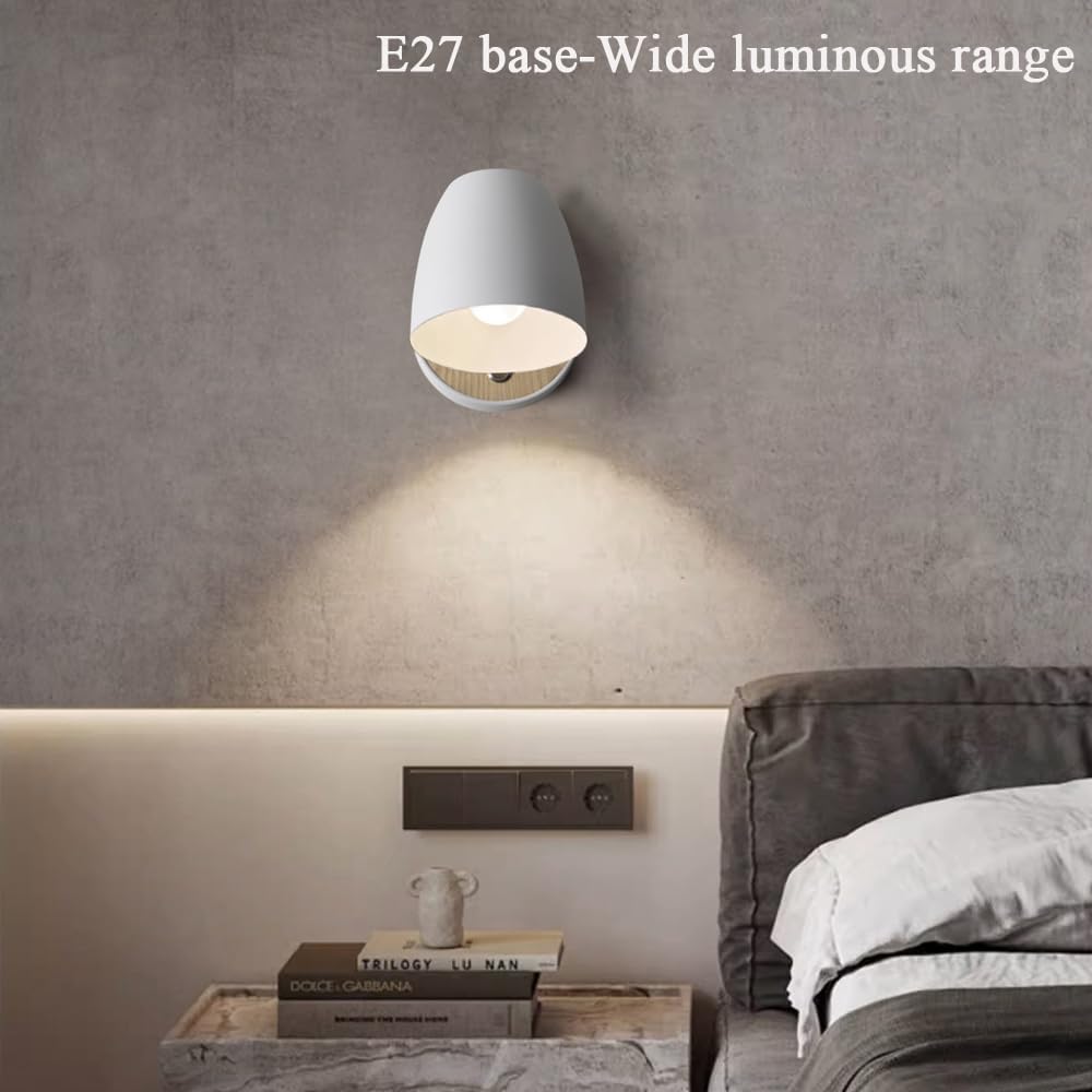 Wall-mounted light fixture in a bedroom setting with 'E27 base-Wide luminous range' text.