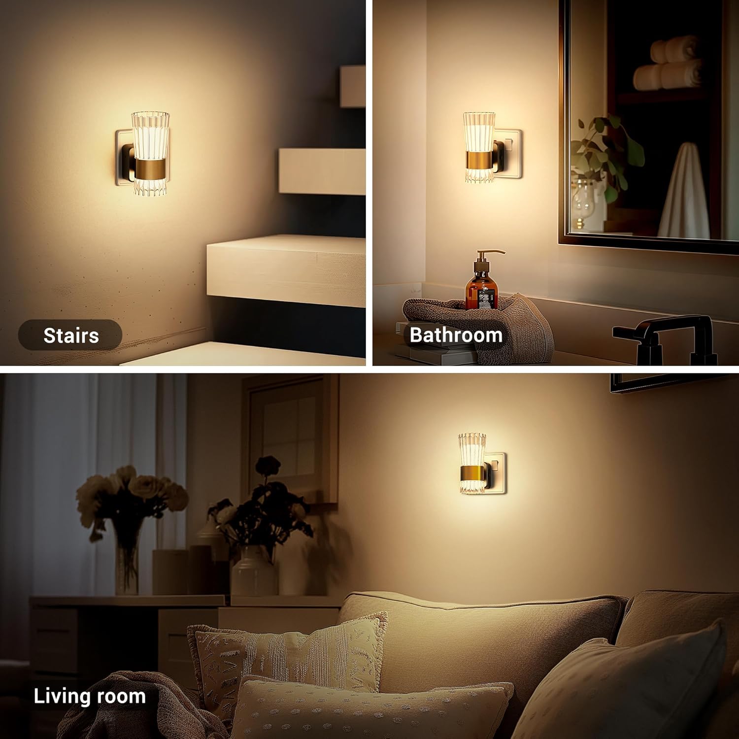 Wall-mounted light fixture in different rooms: stairs, bathroom, and living room.