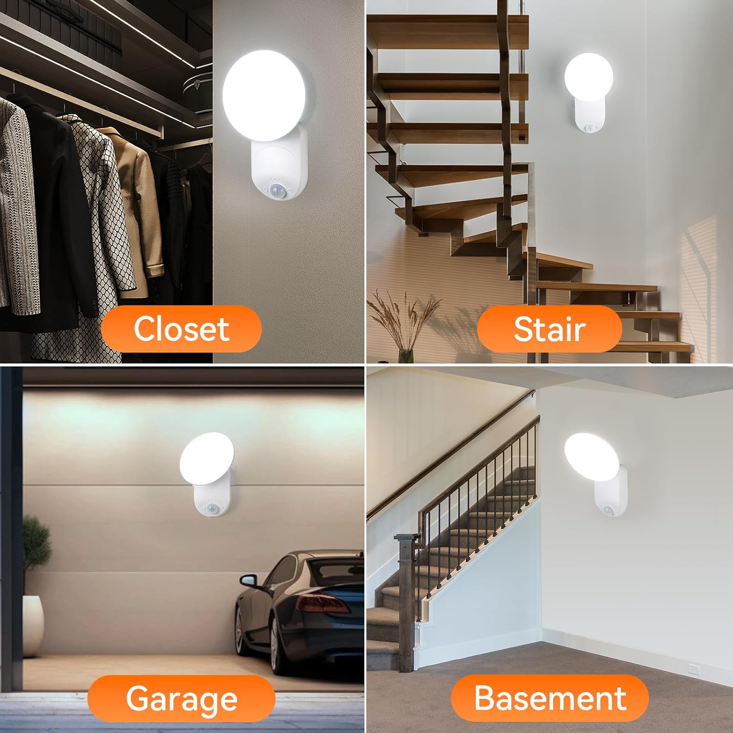 Wall-mounted light fixture in various indoor settings including a closet, stairwell, garage, and basement.