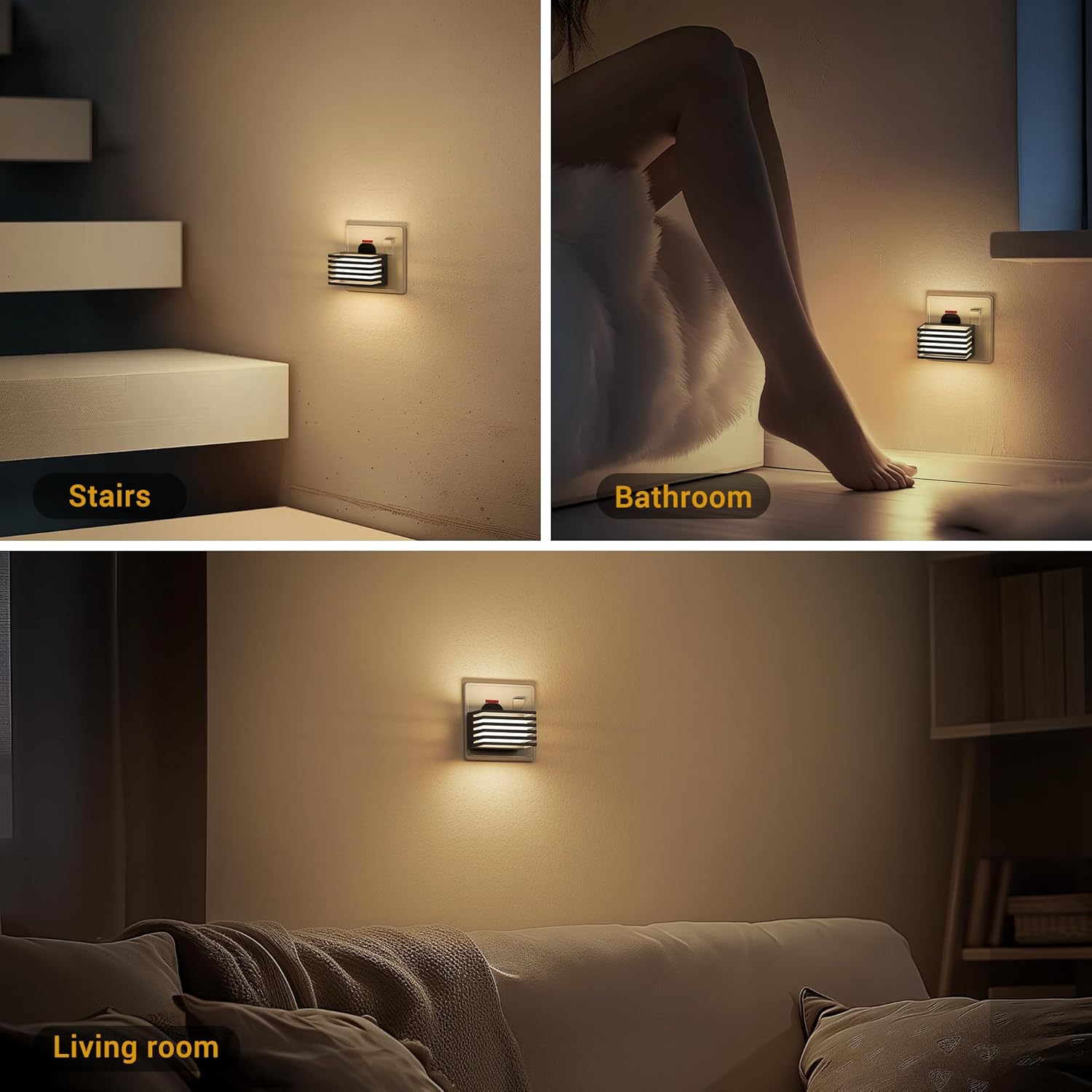 Wall-mounted light fixture in various settings: stairs, bathroom, and living room.