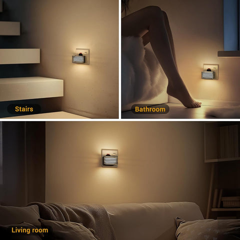 Wall-mounted light fixture in various settings: stairs, bathroom, and living room.
