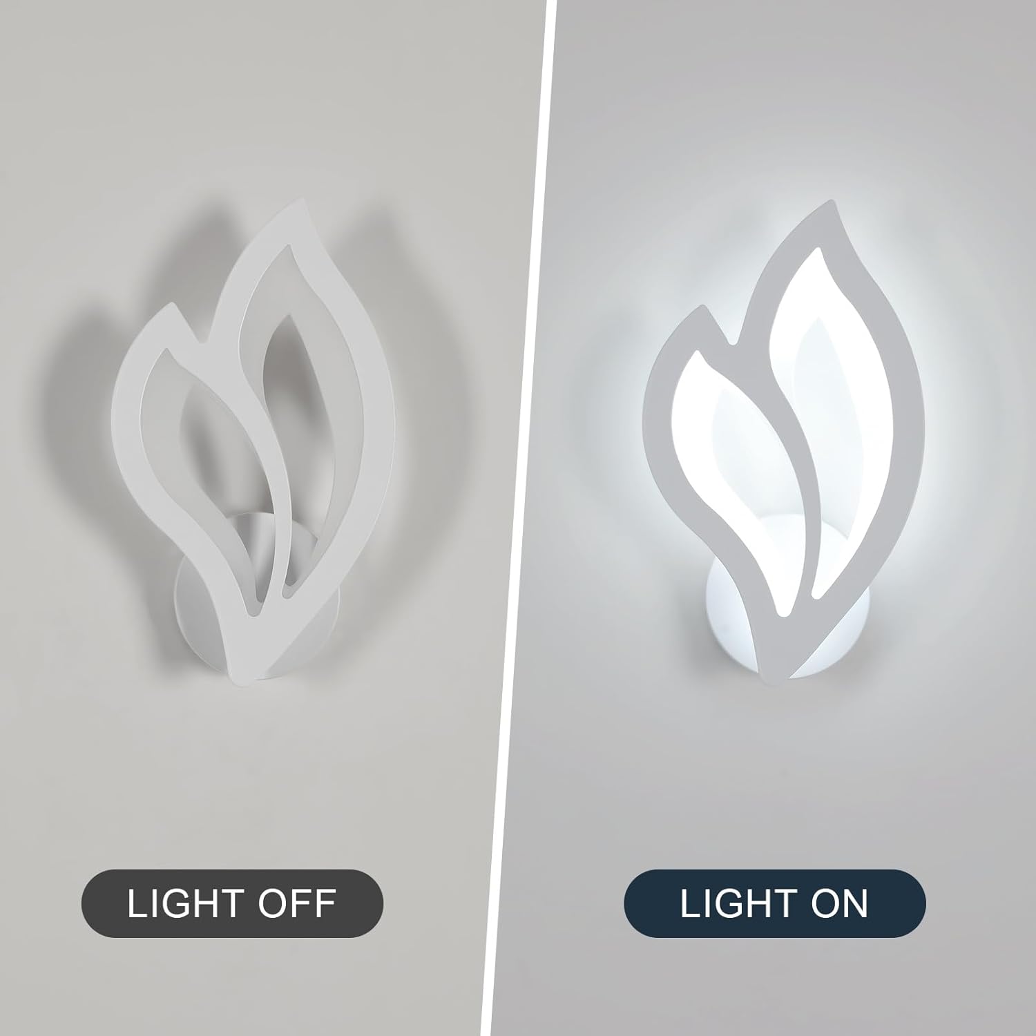 Wall-mounted light fixture showing 'Light Off' and 'Light On' states on a neutral background.