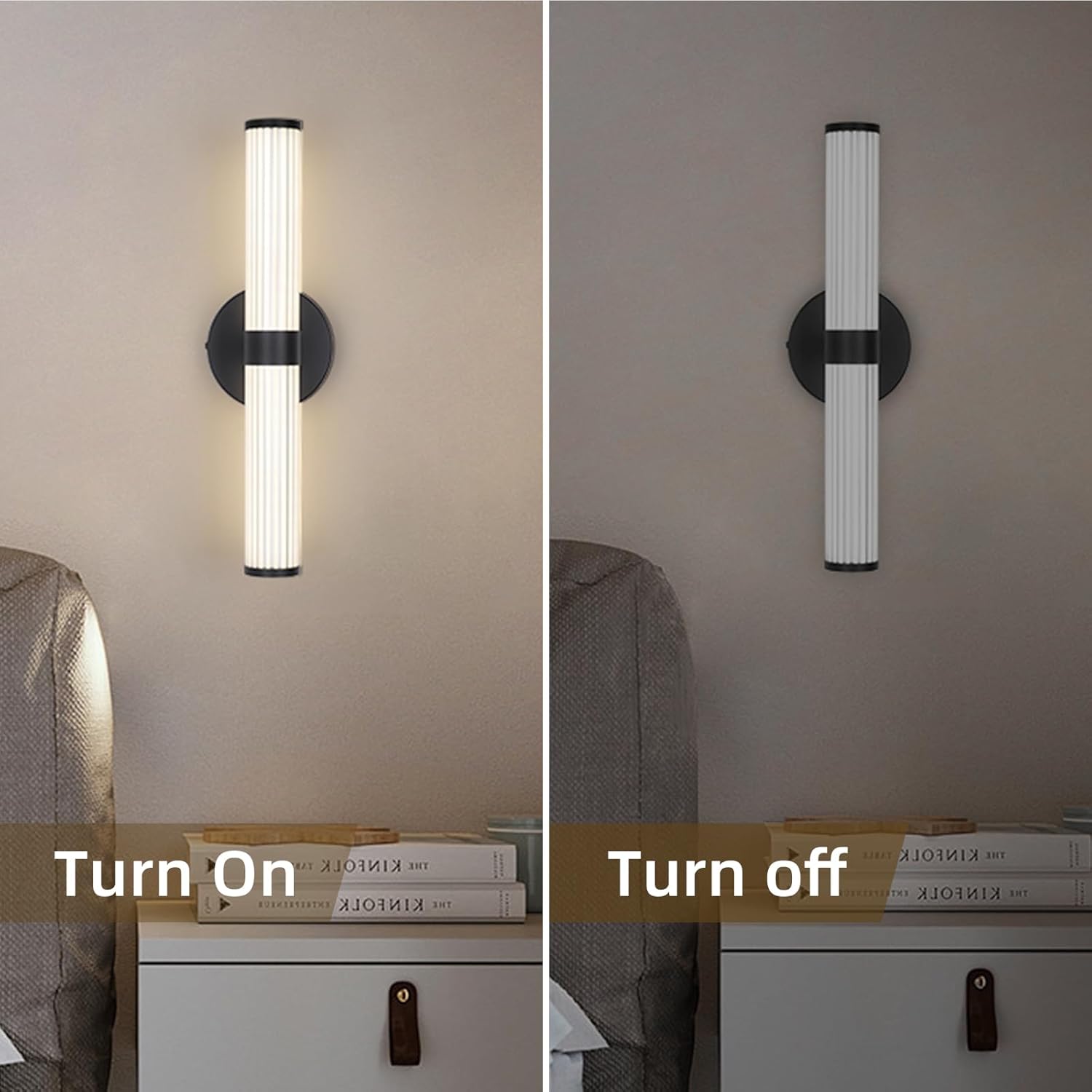 Wall-mounted light fixture showing 'Turn On' and 'Turn Off' states in a room setting.