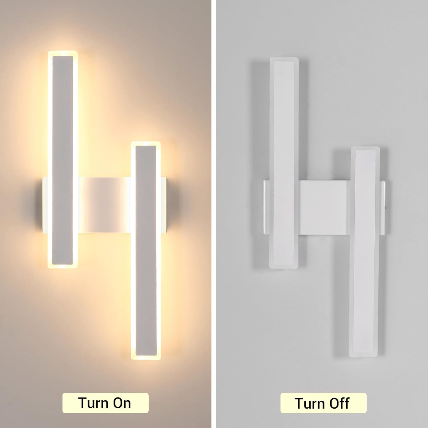 Wall-mounted light fixture showing 'Turn On' and 'Turn Off' states on a gray background.