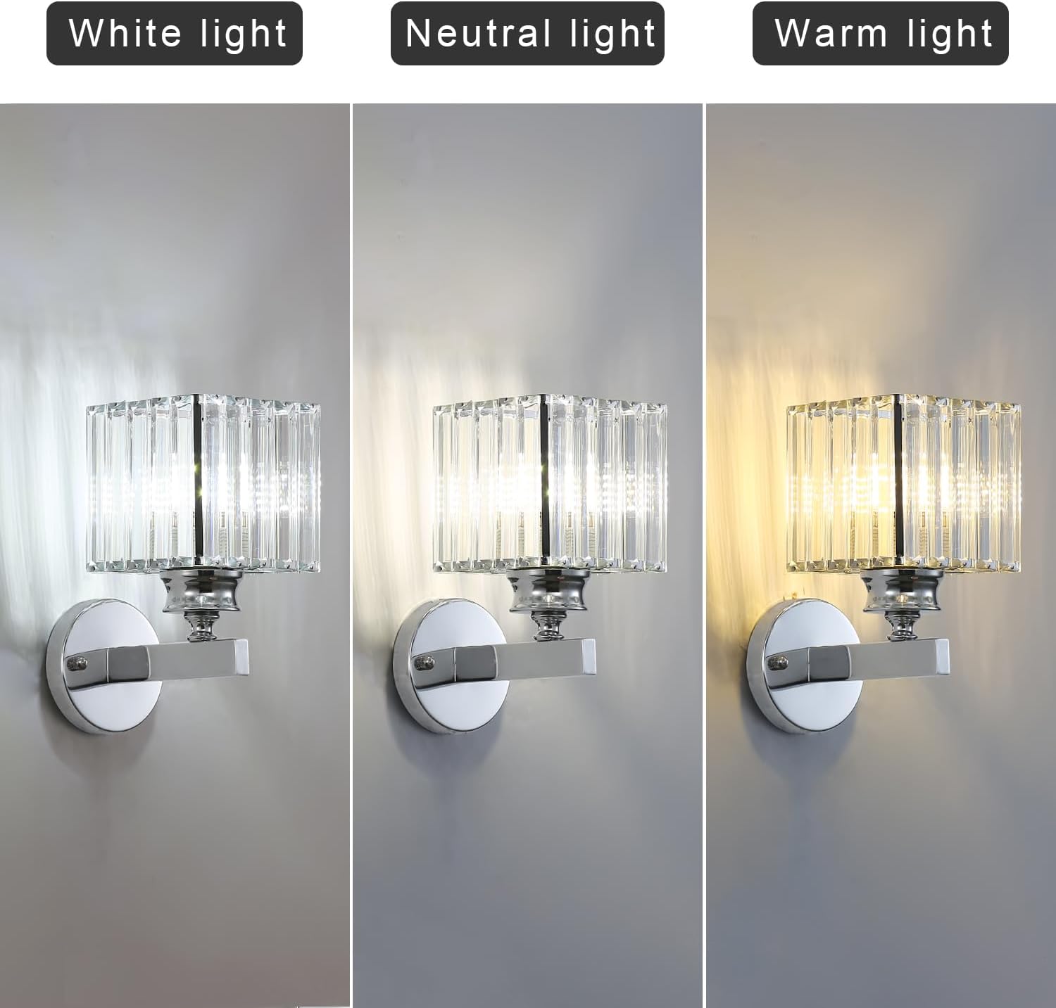 Wall-mounted light fixture showing different lighting conditions on a gray wall.