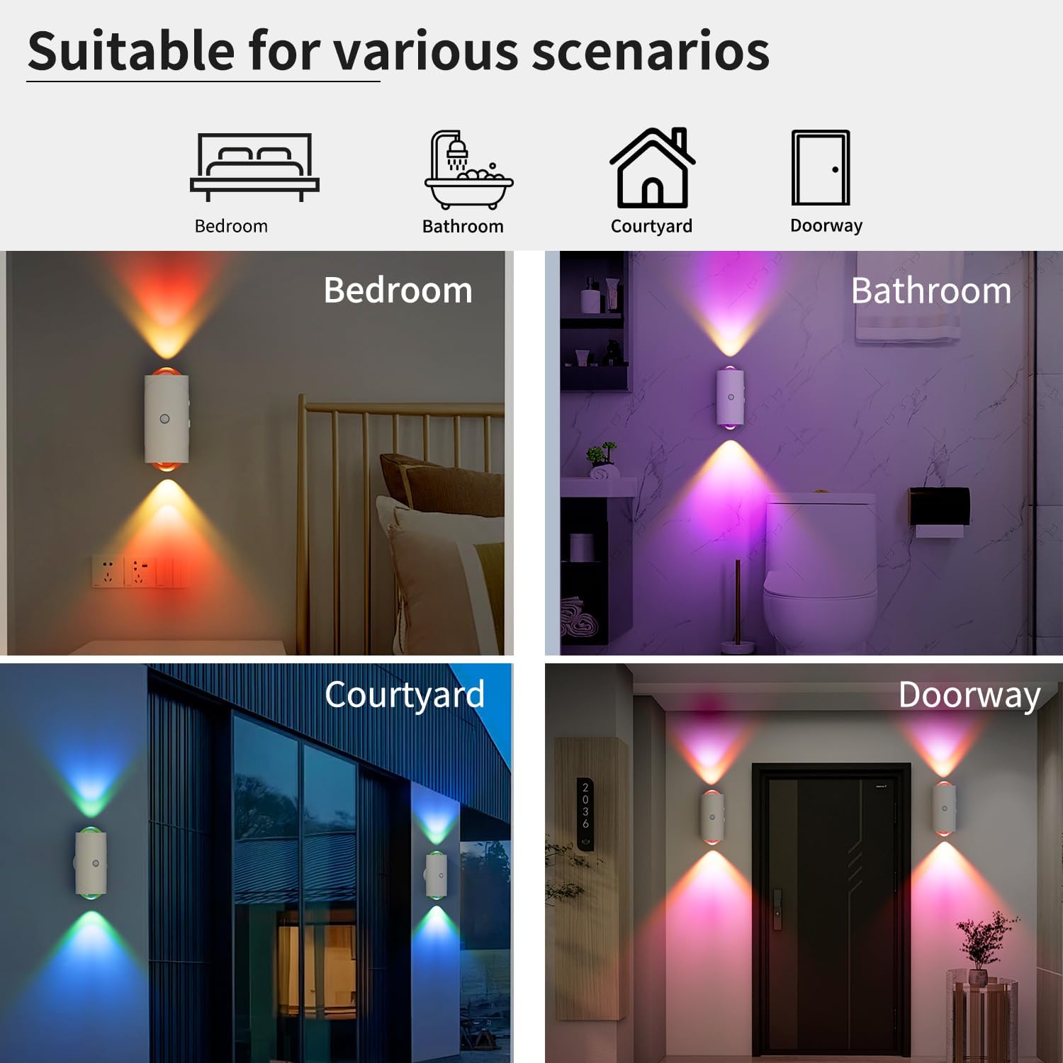 Wall-mounted light fixture shown in various settings including bedroom, bathroom, courtyard, and doorway.