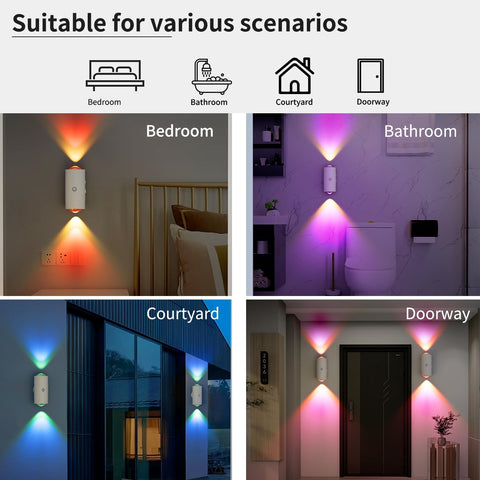 Wall-mounted light fixture shown in various settings including bedroom, bathroom, courtyard, and doorway.