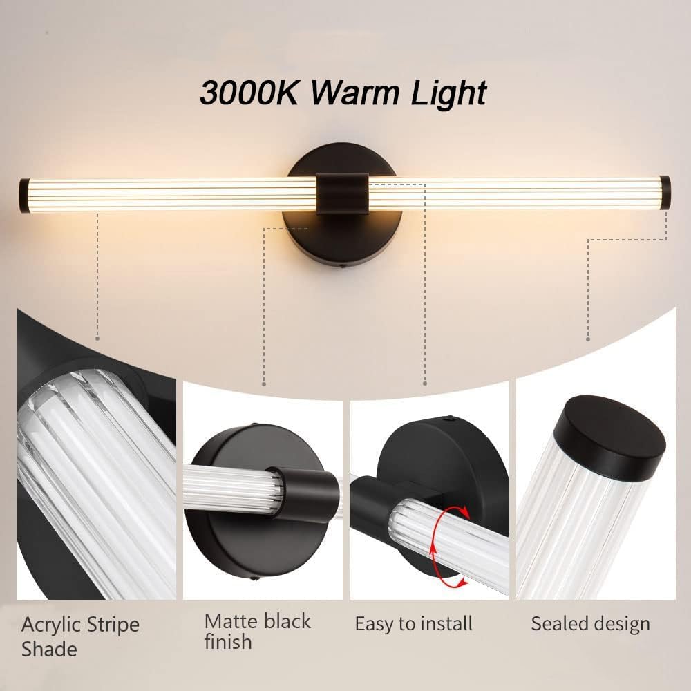 Wall-mounted light fixture with 3000K warm light, acrylic stripe shade, matte black finish, and easy installation features.