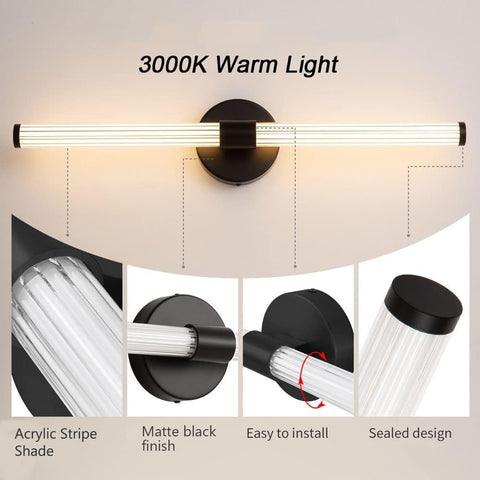 Wall-mounted light fixture with 3000K warm light, acrylic stripe shade, matte black finish, and easy installation features.