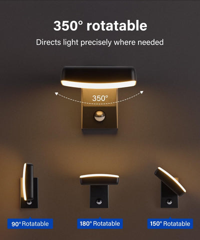 Wall-mounted light fixture with 350-degree rotational capability on a dark background