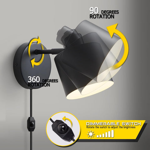 Wall-mounted light fixture with 360-degree and 90-degree rotation features on a gray background.