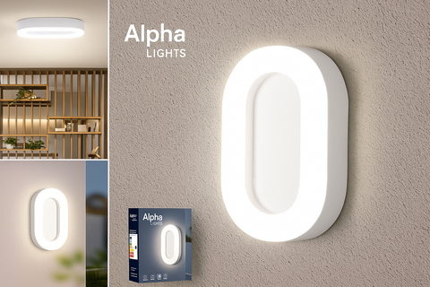Wall-mounted light fixture with 'Alpha Lights' branding on a textured wall.