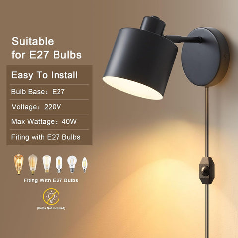 Wall-mounted light fixture with E27 bulb compatibility information on a brown background
