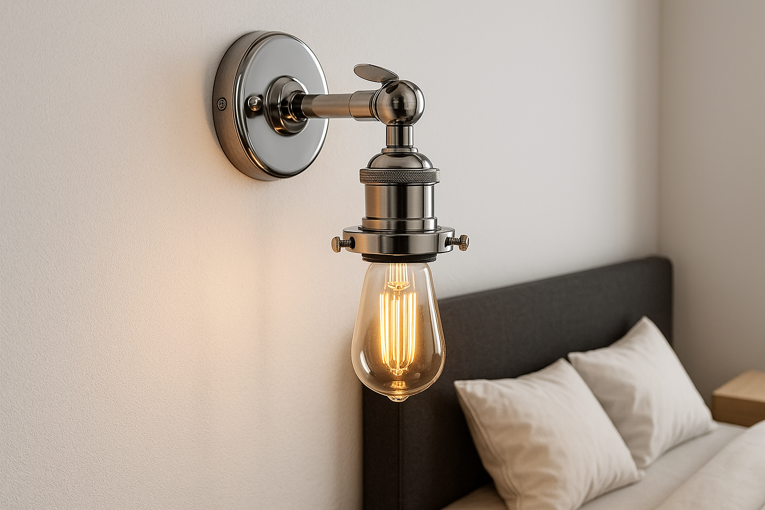 Wall-mounted light fixture with a lit bulb in a bedroom setting