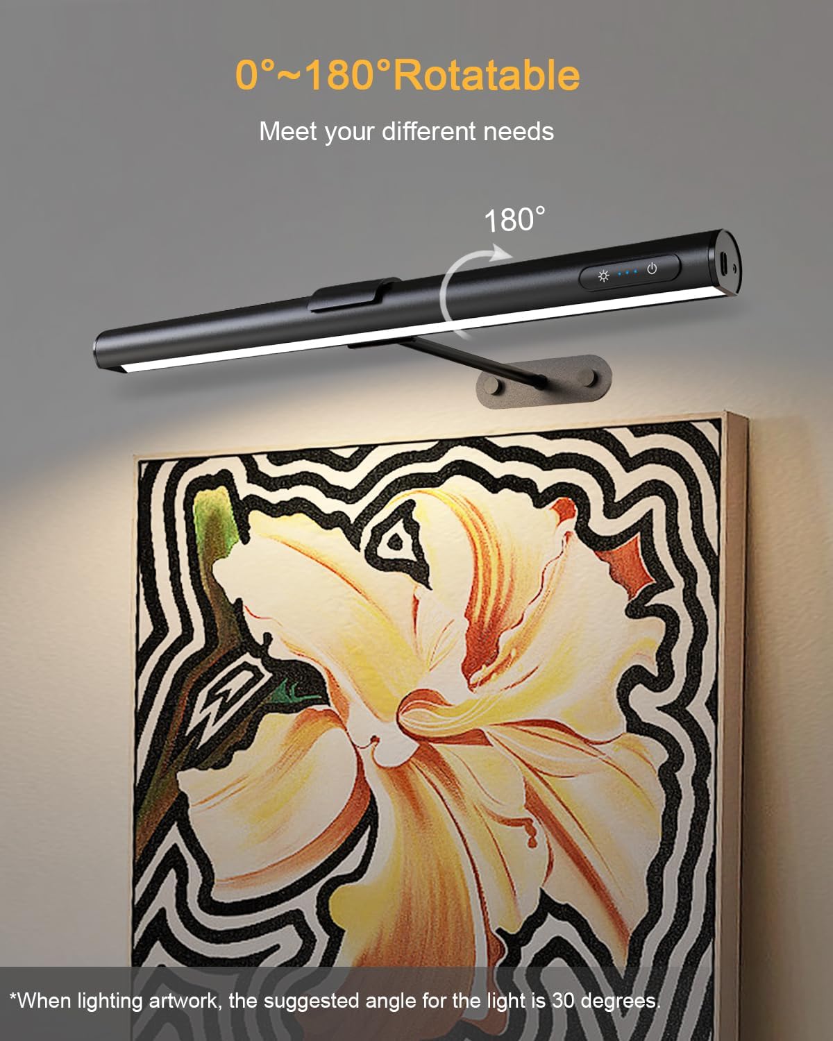 Wall-mounted light fixture with a rotating arm above a floral artwork on a gray wall.