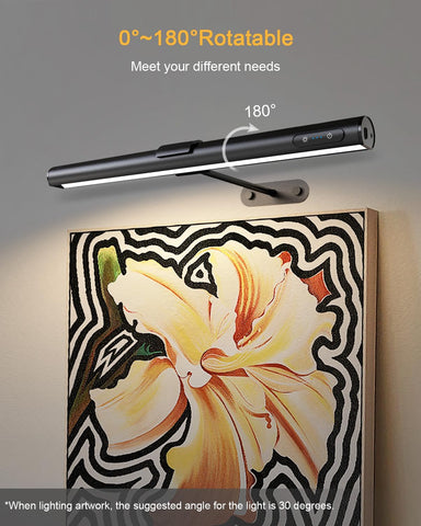 Wall-mounted light fixture with a rotating arm above a floral artwork on a gray wall.