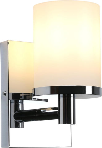 Wall-mounted light fixture with a white glass shade and chrome finish on a white background