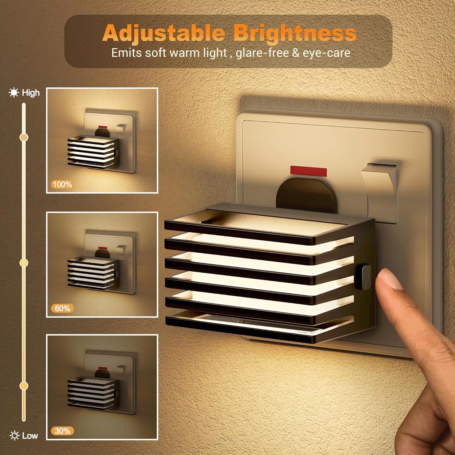 Wall-mounted light fixture with adjustable brightness control, shown with a hand adjusting the setting.
