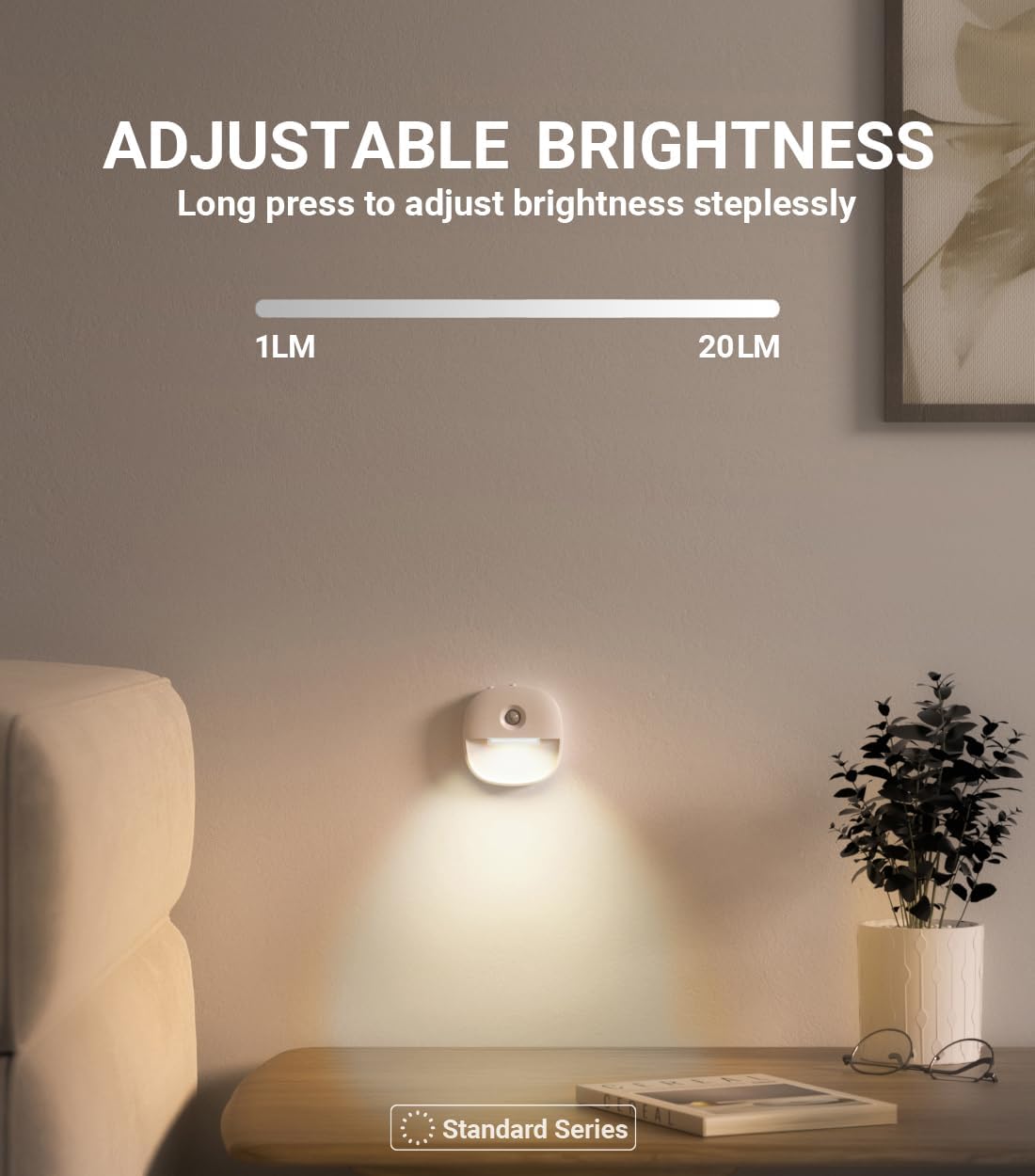 Wall-mounted light fixture with adjustable brightness feature in a room setting.