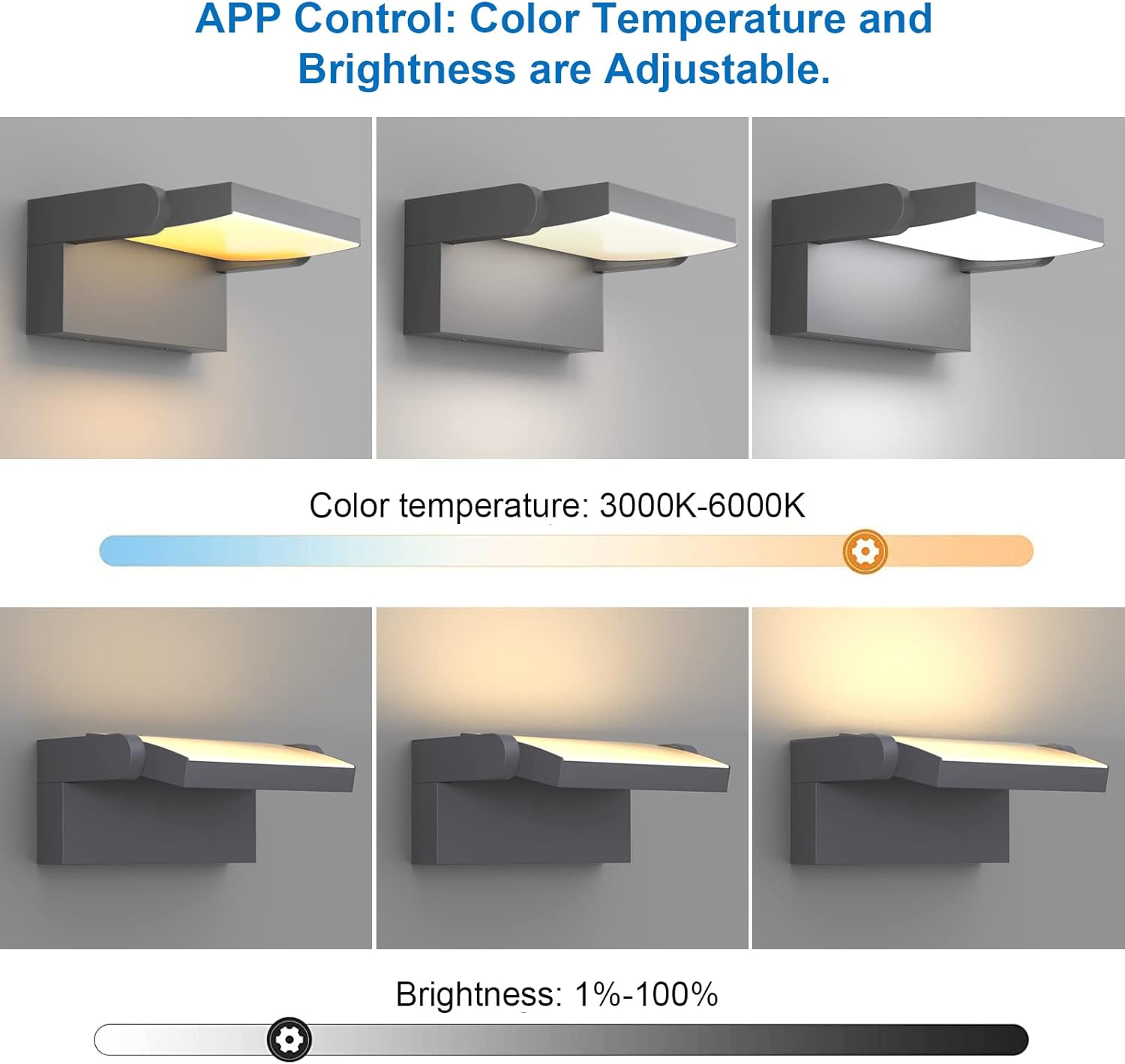 Wall-mounted light fixture with adjustable color temperature and brightness on a gray background.