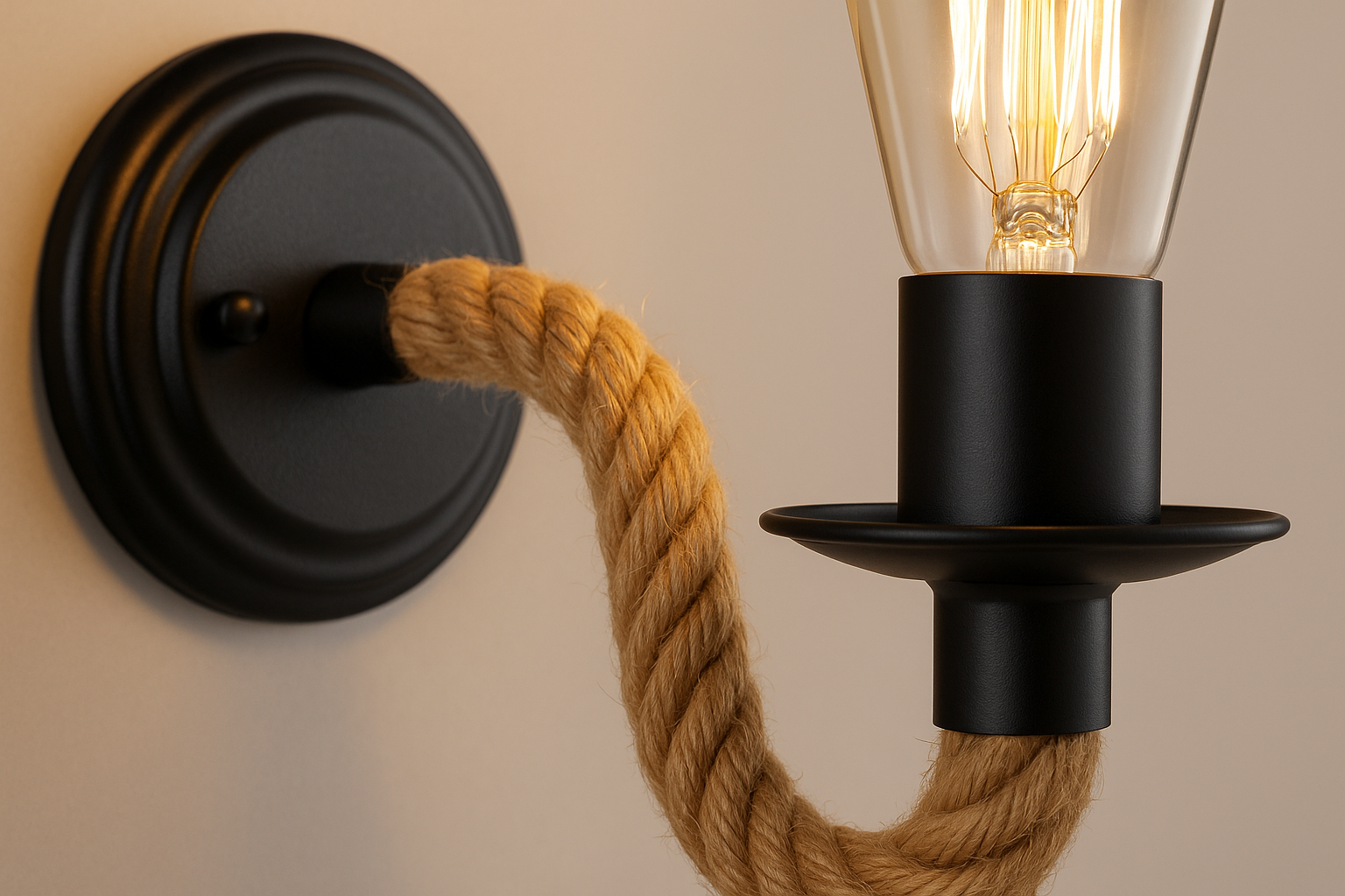 Wall-mounted light fixture with black metal and brown rope design on a beige background