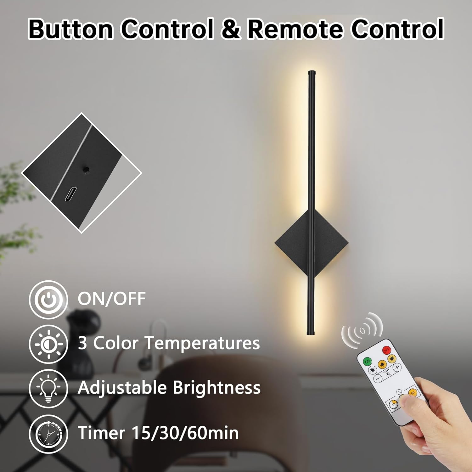 Wall-mounted light fixture with button control and remote control features, including on/off, color temperature, brightness, and timer functions.