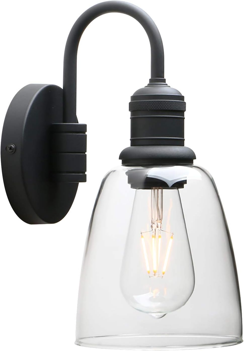 Wall-mounted light fixture with clear glass shade and black metal finish on a white background