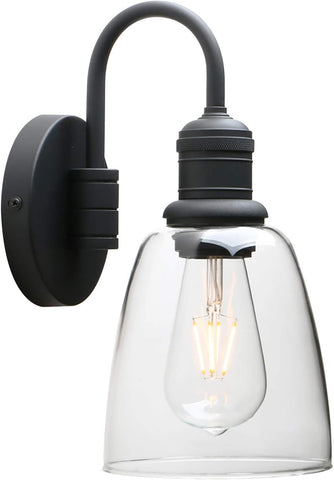 Wall-mounted light fixture with clear glass shade and black metal finish on a white background