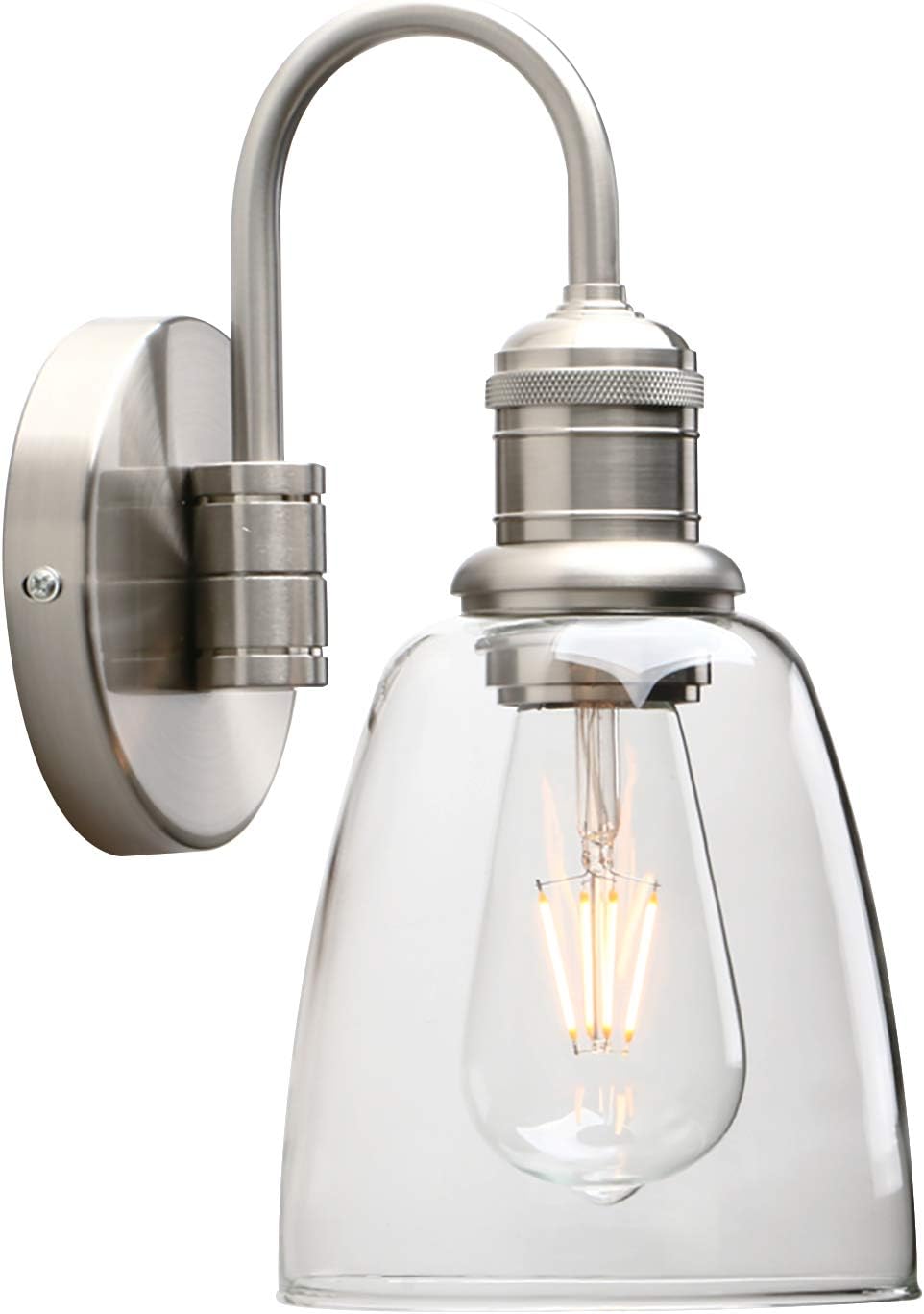 Wall-mounted light fixture with clear glass shade and metallic finish on a white background