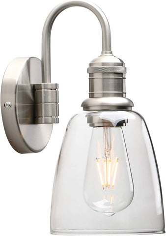 Wall-mounted light fixture with clear glass shade and metallic finish on a white background