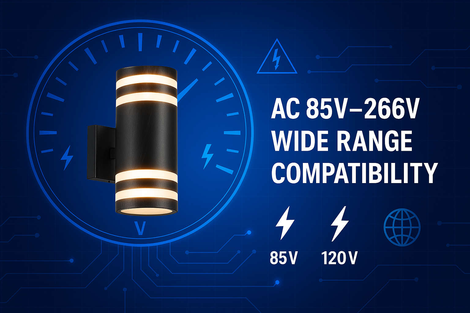 Wall-mounted light fixture with compatibility information on a blue background
