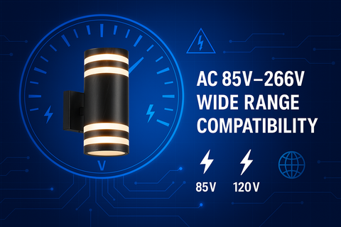 Wall-mounted light fixture with compatibility information on a blue background