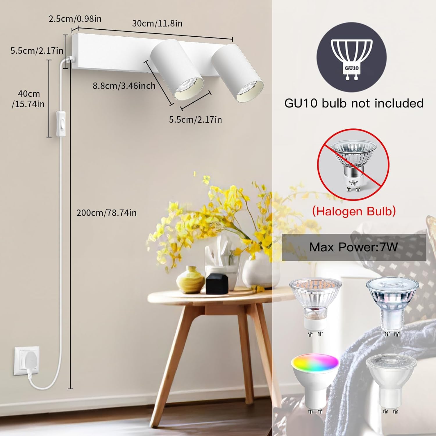 Wall-mounted light fixture with dimensions, a small table with decor, and GU10 bulb information.