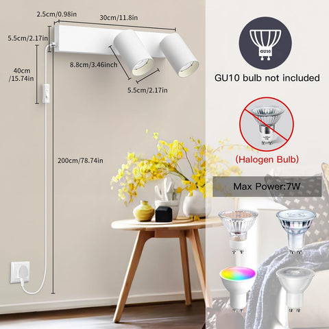 Wall-mounted light fixture with dimensions, a small table with decor, and GU10 bulb information.