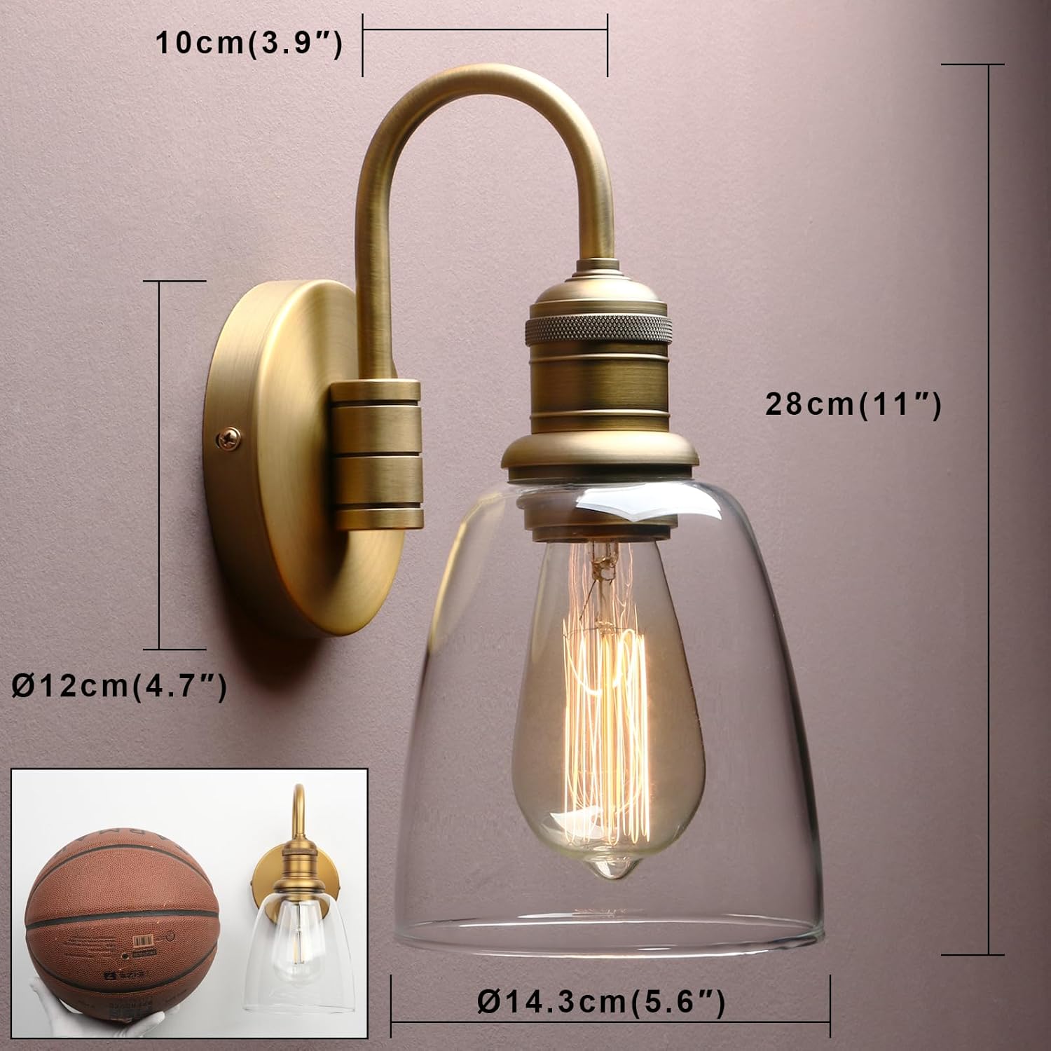 Wall-mounted light fixture with dimensions and a basketball for scale on a plain background