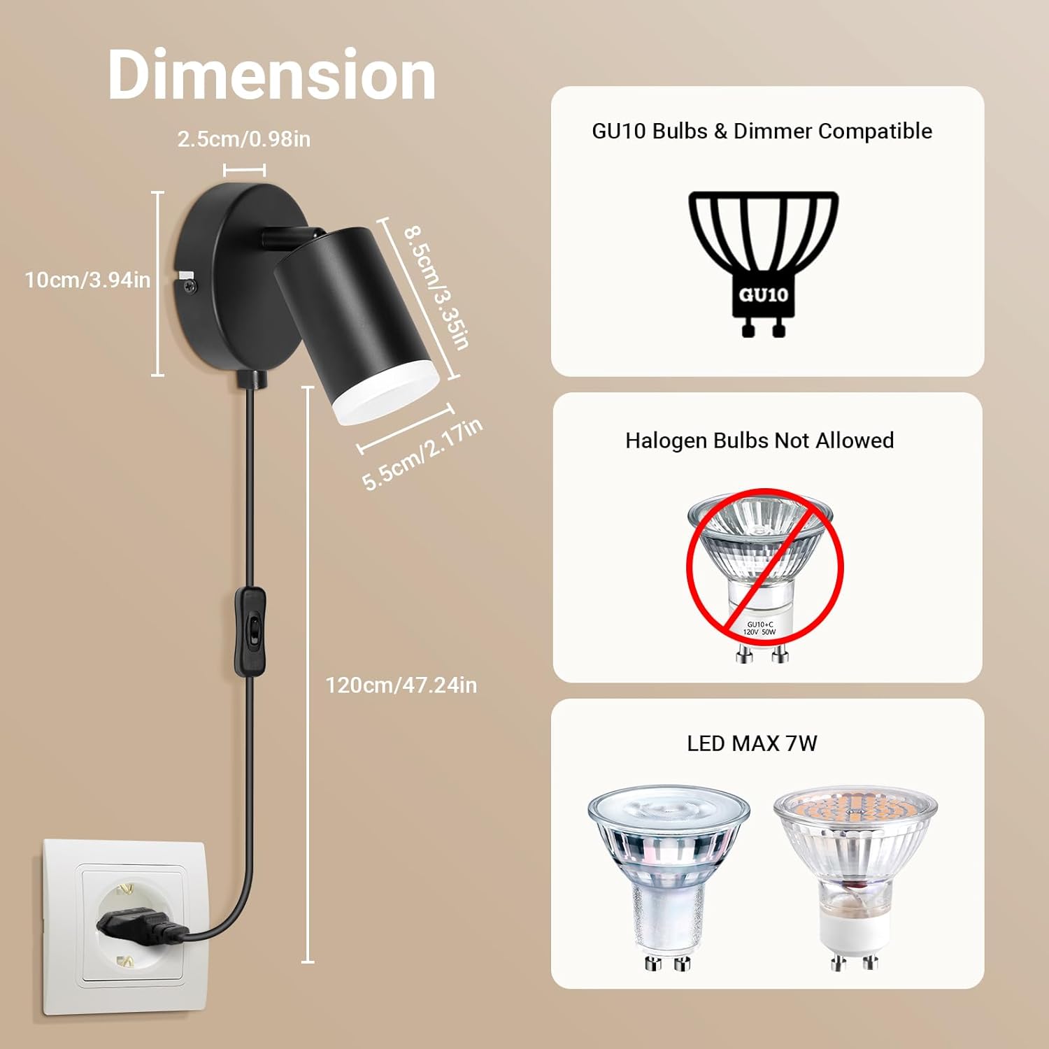 Wall-mounted light fixture with dimensions and bulb compatibility information on a beige background